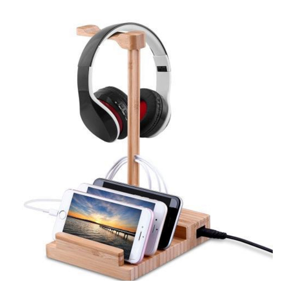 2-in-1 Bamboo Charging Station Stand with 3 USB Ports for iPhone