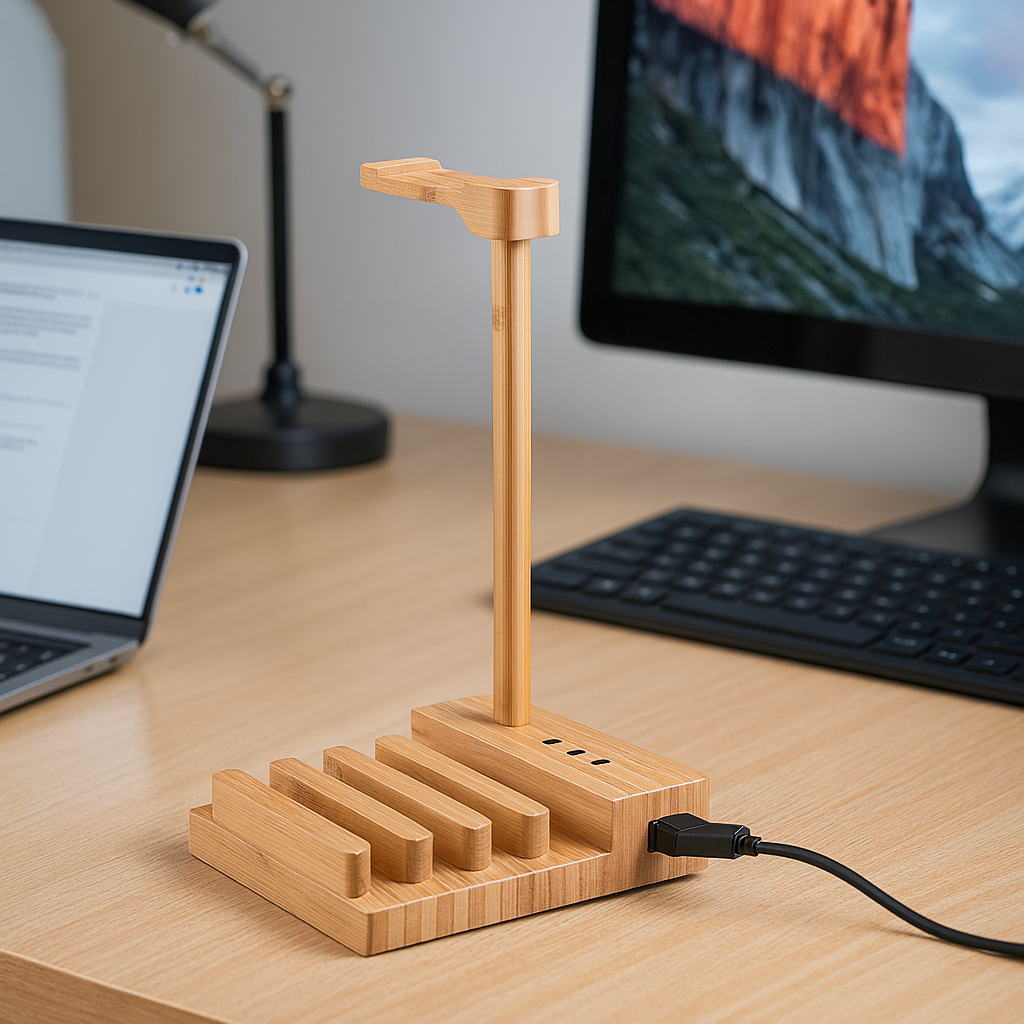 2-in-1 Bamboo Charging Station Stand with 3 USB Ports for iPhone