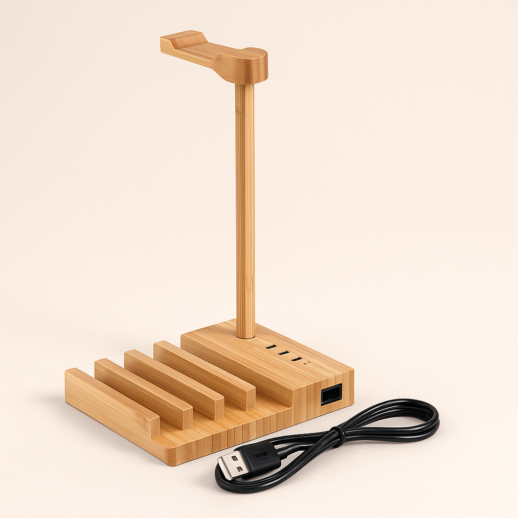 2-in-1 Bamboo Charging Station Stand with 3 USB Ports for iPhone