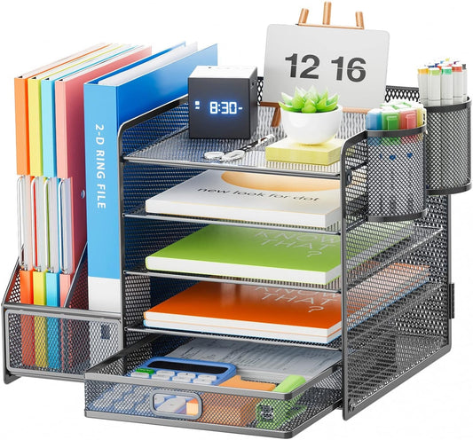 Grey 5-Tier Mesh Desk Organizer with Pull-Out Drawer